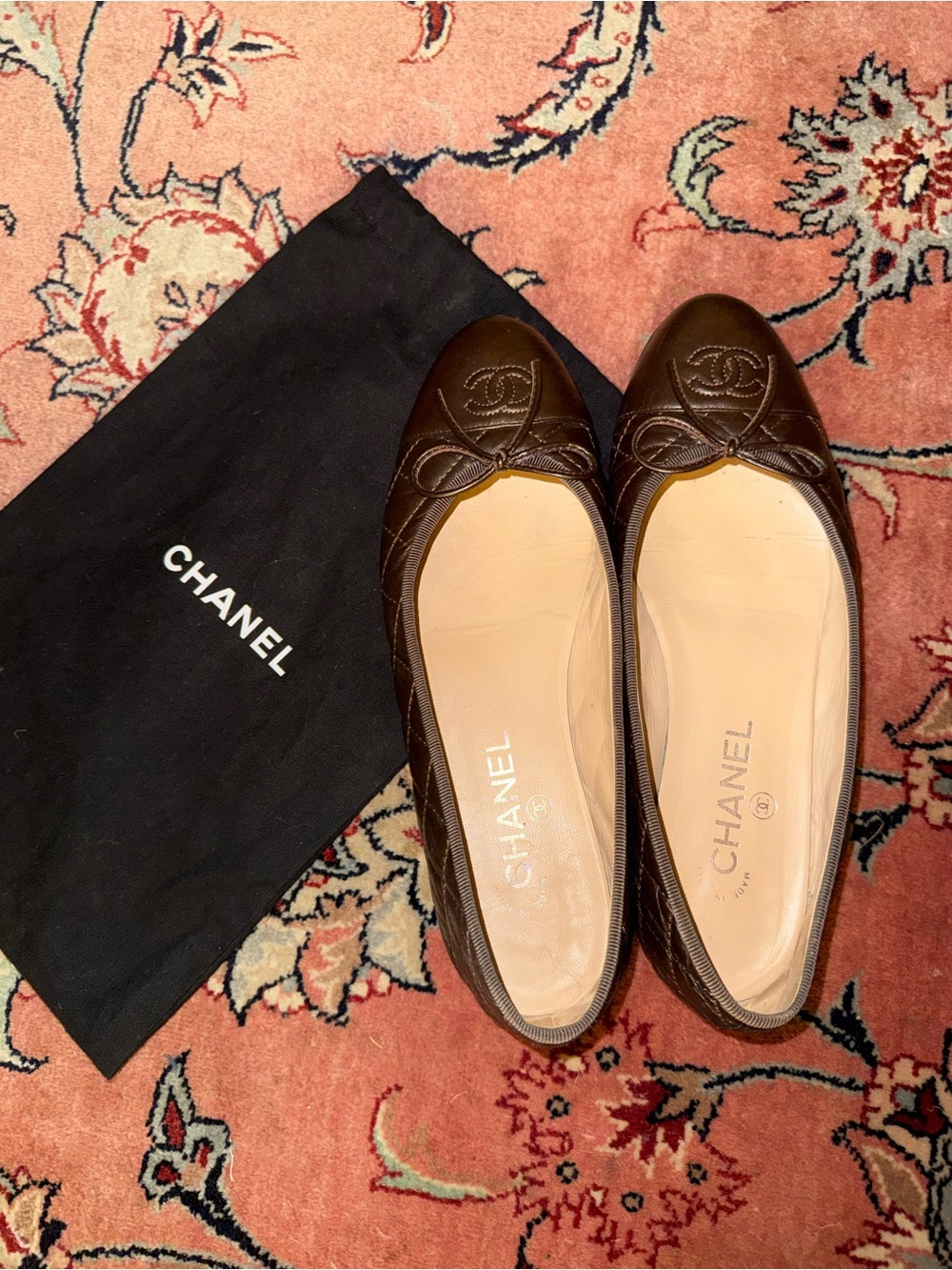 CHANEL Dark Brown Quilted Leather Ballet Flats with CC Bow
